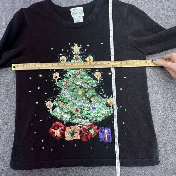 Quacker Factory Christmas VTG  Tree Sequin Sweater L Black Holiday Ugly Festive - Picture 3 of 7